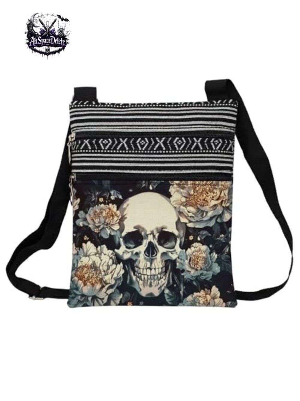 LiueMgg Floral Skull Crossbody Bag Ethnic Pattern Adjustable Strap Zipper Pouch